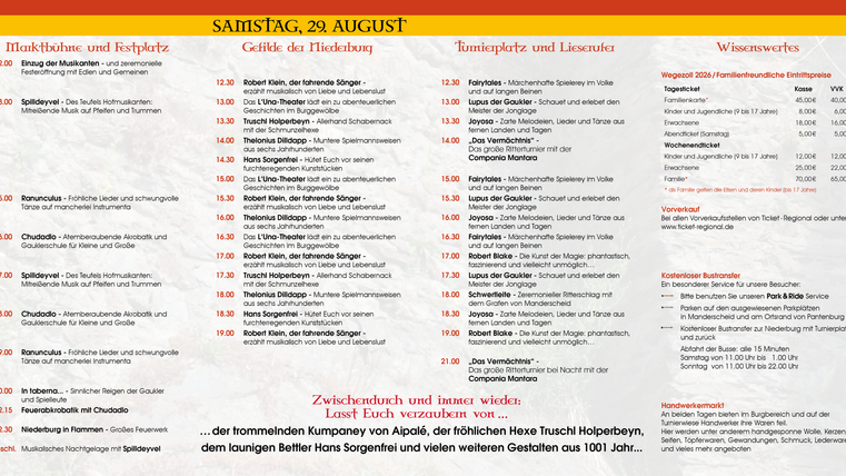 Eine Veranstaltungsübersicht für Samstag, 29. August. Es zeigt verschiedene Aktivitäten und Zeiten für ein Fest oder Markttag.