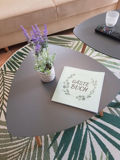 A stylish coffee table with a guestbook and a blooming plant. In the background, you can see a cozy sofa and a decorative rug.