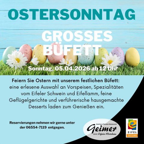 Een uitnodigend poster voor een groot buffet op Eerste Paasdag, 20-04-2025. Het toont kleurrijke paaseieren en vrolijke lentemotieven.