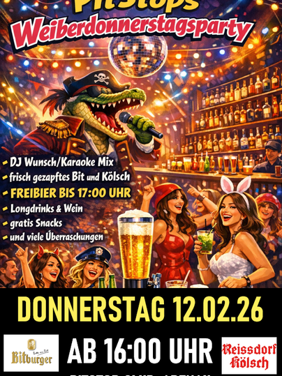 Een leuke Weiberfastnachtsfeest in de Pit Stop Club. Er is muziek, frisse drankjes en gratis snacks.