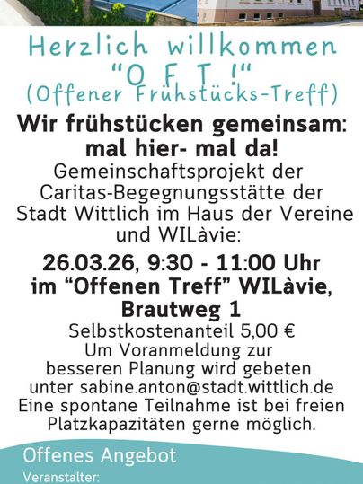 Une invitation à un petit-déjeuner commun à Wittlich. L'événement aura lieu le 26 mars 2026 au WILäVie et nécessite une inscription préalable.