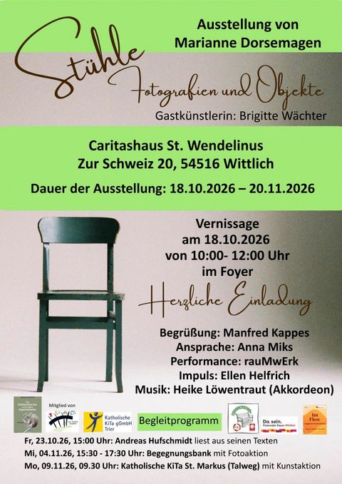 Een tentoonstelling met de titel "Stoelen" presenteert foto’s en objecten. De opening vindt plaats op 18 oktober 2026 in het Caritashaus St. Wendelinus in Wittlich.