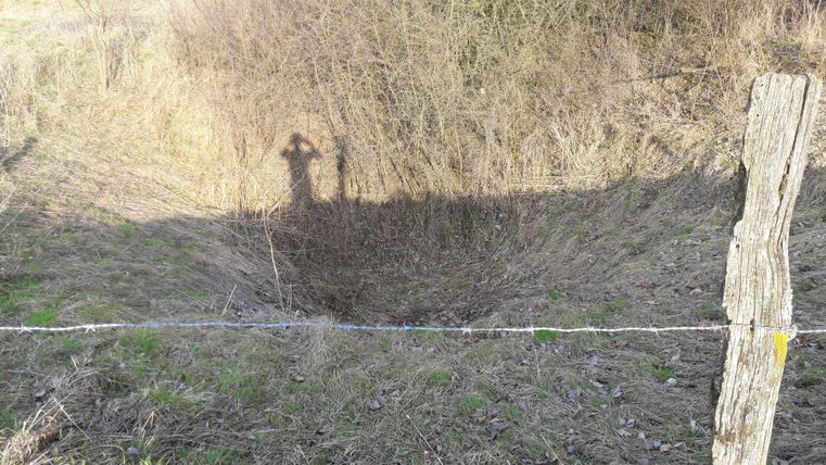 Un petit fossé avec une surface inégale, entouré d'herbe sèche et de buissons. À l'arrière-plan, l'ombre d'une personne est visible.