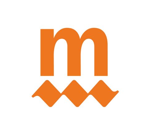 A simple logo with a stylized "m" in orange. Below are three wavy lines in the same color.