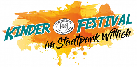 Een kleurrijk logo voor een kinderfestival in het stadspark in Willich. Het toont de evenementtitel "Kinder Festival" in opvallende kleuren en een creatief ontwerp.