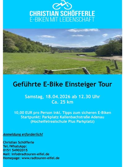 An announcement for a guided E-bike tour. The event will take place on April 18, 2026, and costs 10 EUR per person.