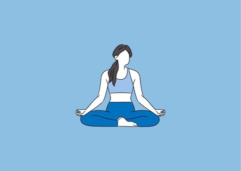 A seated person in yogic meditation posture. They are wearing sportswear in blue and the background is a uniform light blue.