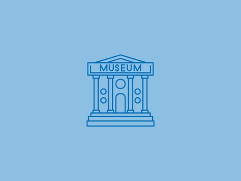 Un bâtiment simple avec l'inscription "MUSÉE" au sommet. Le design est minimaliste et de couleur bleue.