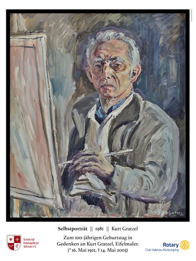 Zelfportret van Kurt Gratzel, 1981, waarop de kunstenaar te zien is met een penseel voor een doek. Ter gelegenheid van zijn 100e verjaardag.