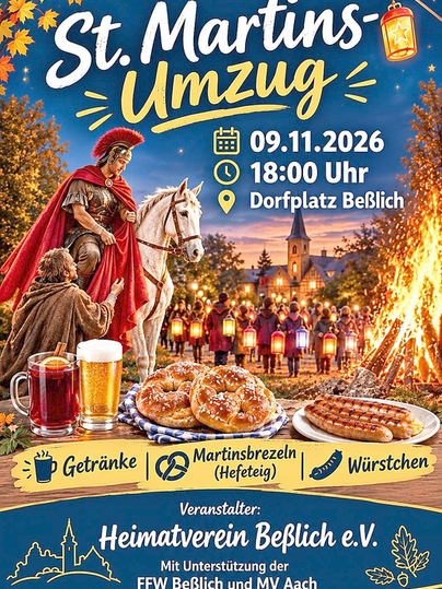 A cheerful St. Martin's procession with festively dressed participants and an impressive backdrop. There are drinks, Martin's pretzels, and sausages to enjoy.