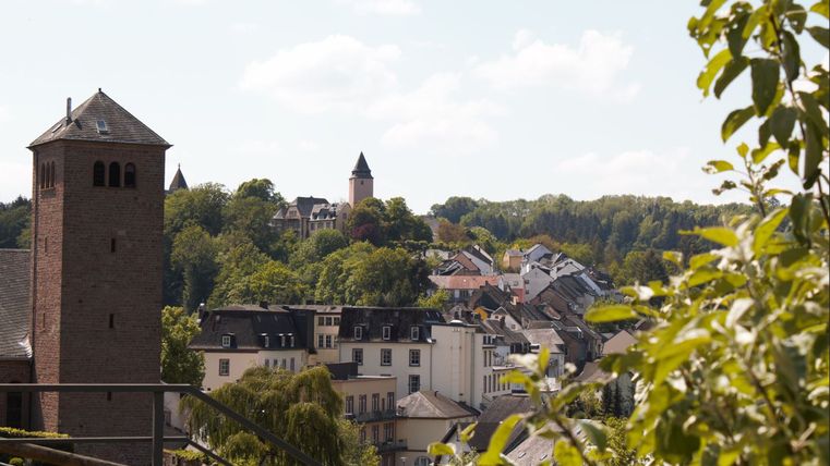 Gezicht op Kyllburg met kerktoren en huizen, omringd door bomen.