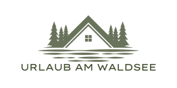 Een gestileerd logo voor "Vakantie aan het Bosmeer". Het toont een vakantiewoning omringd door bomen en water.