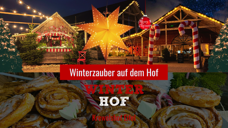 Eine festliche Winterlandschaft mit bunten Lichtern und weihnachtlicher Dekoration. Im Vordergrund sind köstliche Zimtschnecken zu sehen.
