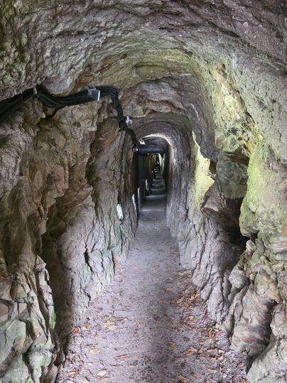 Ein schmaler Tunnel aus Felsen mit einem gepflasterten Boden. Die Wände sind unregelmäßig und zeigen die natürliche Struktur des Gesteins.