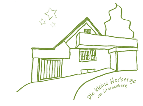 Een eenvoudige, geschetste weergave van een huis met een tuin. Daaronder staat de tekst: "De kleine herberg aan de Sterrenberg".