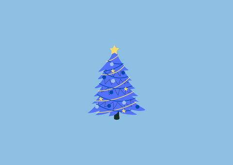 Ein blauer Weihnachtsbaum mit Sternen und verschiedenen Ornamenten. Der Hintergrund ist hellblau.