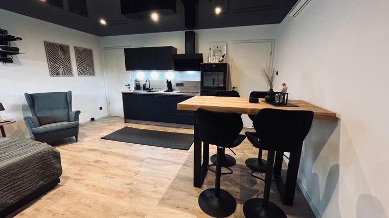 A modern studio with an open kitchen and a dining area. The space is bright and stylishly decorated.