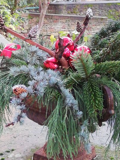Une décoration rustique avec des branches de sapin, des boules rouges et des cônes de pin. Elle est disposée dans un ancien récipient et transmet une ambiance festive.