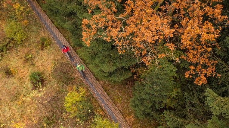 Deux randonneurs sur une passerelle en bois dans la forêt d'automne, vus d'en haut.