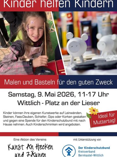 A girl paints and crafts for a good cause. It is an event that promotes children's art and collects donations for children in need.