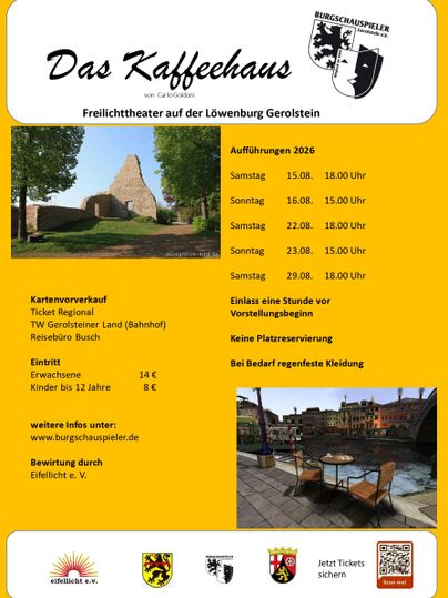 Une affiche pour le théâtre en plein air « Le Café » sur la Löwenburg à Gerolstein. Elle contient des informations sur les spectacles, la vente de billets et les prix d'entrée.