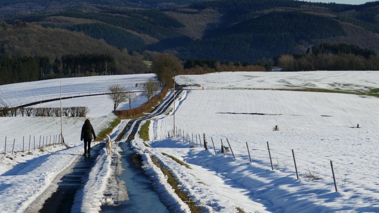 Ein einsamer Fußgänger geht einen verschneiten Weg entlang. Im Hintergrund erstrecken sich sanfte Hügel unter einem klaren Himmel.