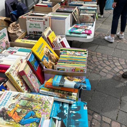 Ein Bücherstand mit zahlreichen Büchern in verschiedenen Farben und Größen. Menschen stöbern in den Regalen auf einem gepflasterten Weg.