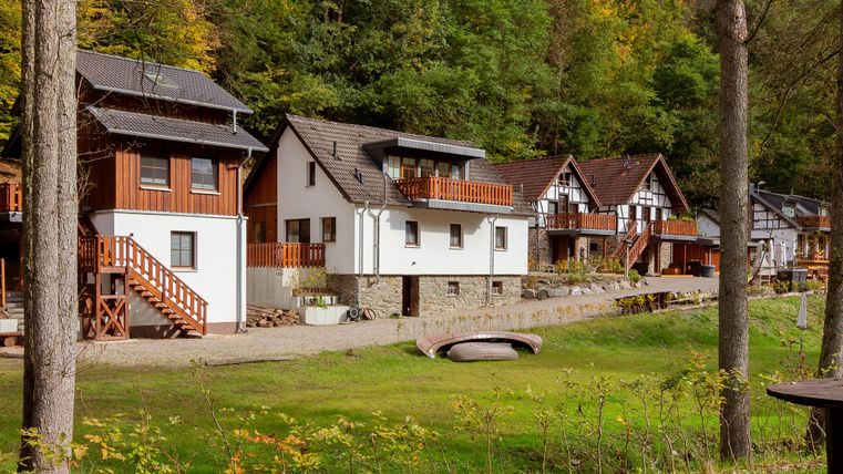 Une série de charmantes maisons de vacances dans un paysage verdoyant. À l'arrière-plan, des arbres et un environnement calme sont visibles.