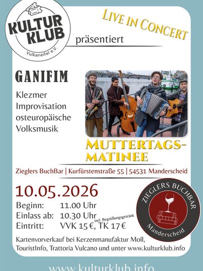 A poster for a live concert by Kerk & Bænd. The event will take place on April 25, 2026, at the Ziegler BuchBar in Manderscheid.