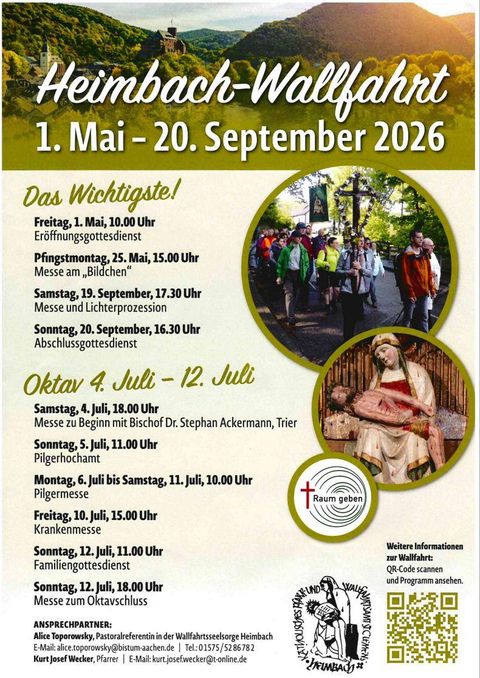 An event notice for the Heimbach pilgrimage from May 1 to September 20, 2026. Dates for church services and processions are listed.