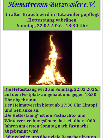 Un feu brûle brillamment, entouré d'un fond sombre. Il annonce l'événement "Hettestaang vabränen" le 18 février 2024.