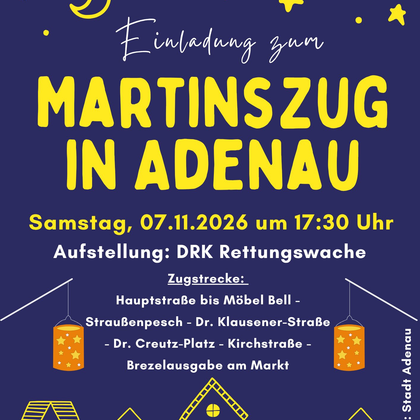 Einladungsplakat zum Martinszug in Adenau. Der Zug findet am 08.11.2025 um 17:30 Uhr statt, mit Informationen zur Aufstellung und Zugstrecke.
