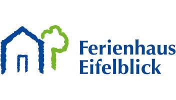Ein Logo von "Ferienhaus Eifelblick". Es zeigt eine vereinfachte Hausgrafik und einen Baum in grüner Farbe.