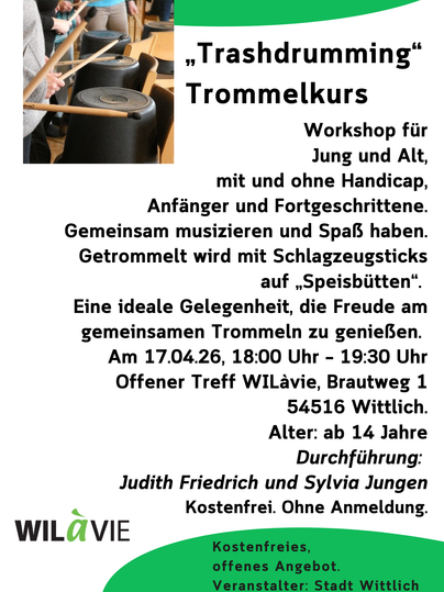 Ein Workshop für Trommeln mit dem Titel „Trashdrumming“ für alle Altersgruppen und Fähigkeitsstufen. Gemeinsam musizieren und Spaß haben steht im Mittelpunkt der Veranstaltung.
