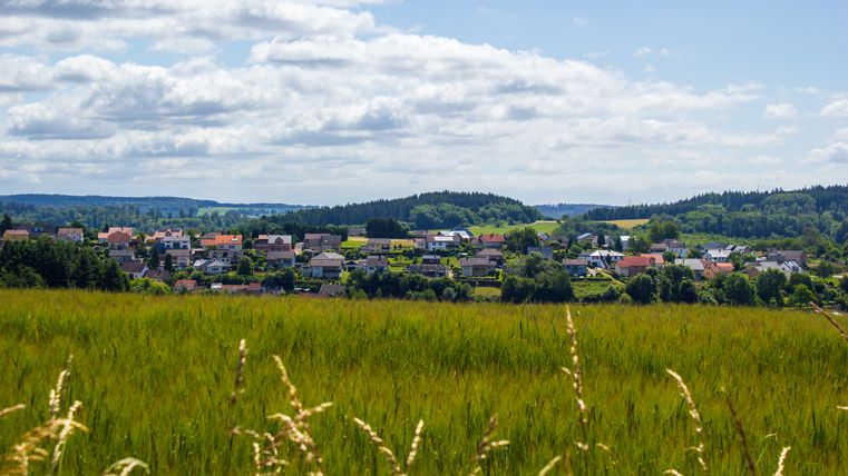 Gezicht op het dorp Neidenbach met groene velden op de voorgrond en beboste heuvels op de achtergrond.