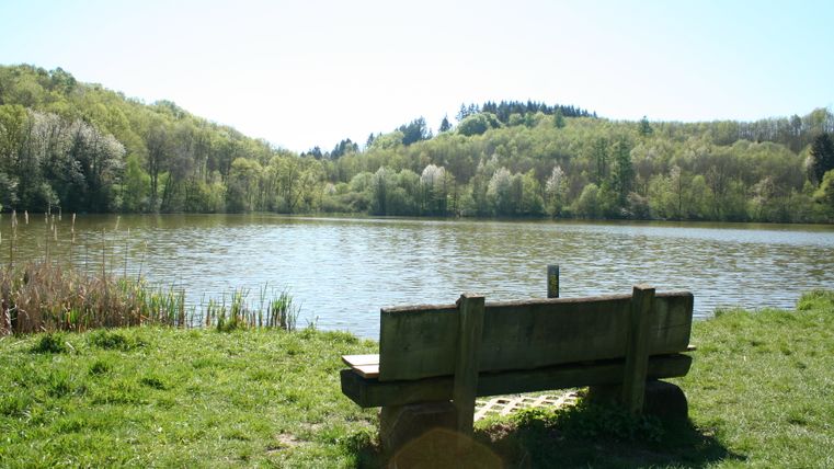 Banc en bois au bord d'un lac avec des collines boisées en arrière-plan.