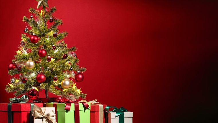 Een feestelijk versierde kerstboom staat voor een rode muur. Daaronder bevinden zich veel liefdevol ingepakte cadeaus in verschillende kleuren.