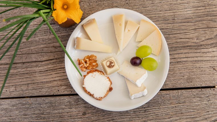 Een bord met verschillende soorten geitenkaas, druiven en noten. Op de achtergrond is een plant met een gele bloem te zien.