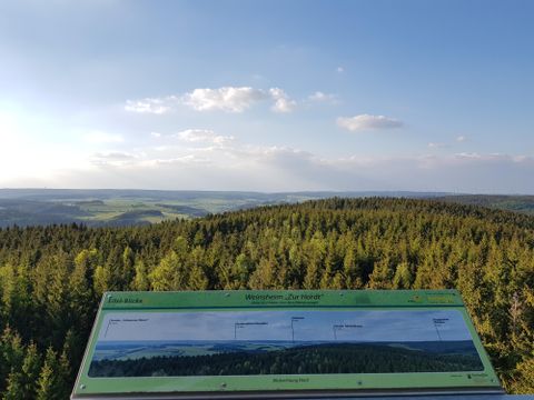 Un aperçu depuis un point de vue sur un paysage forestier verdoyant sous un ciel bleu. Au premier plan, un panneau d'information est visible.