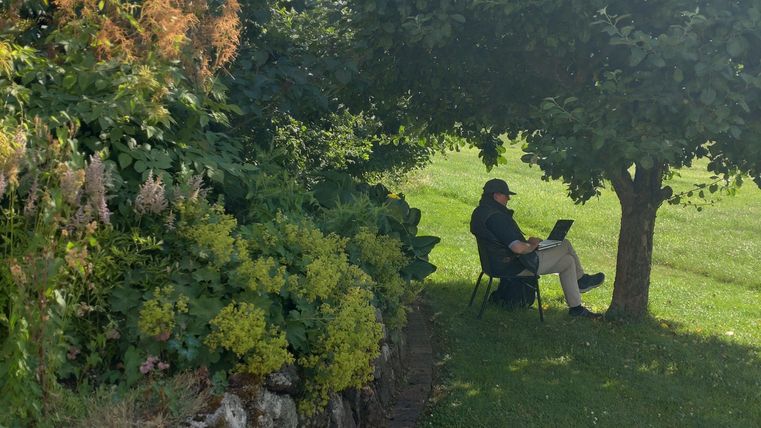 Eine Person sitzt im Schatten eines Baumes und arbeitet an einem Laptop. Im Hintergrund sind üppige Pflanzen und ein grüner Rasen zu sehen.