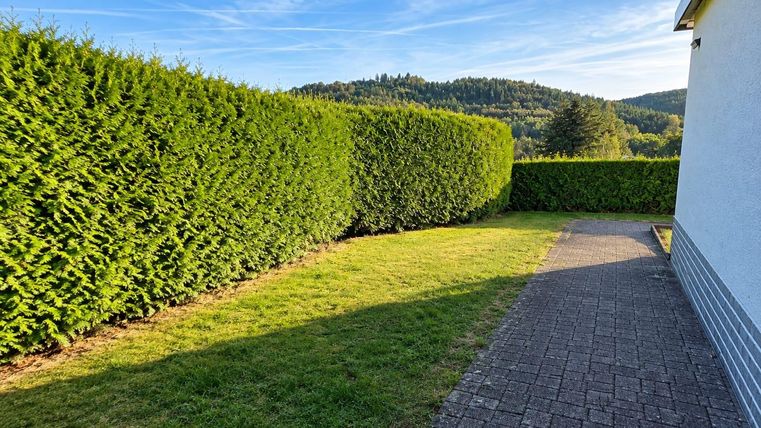 A well-maintained garden landscape with tall hedges and a paved path. In the background, gentle hills and a blue sky can be seen.