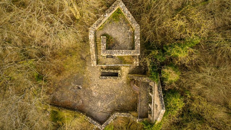 Luchtfoto van een kasteelruïne omringd door bomen.
