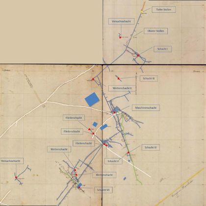 Een historische kaart met verschillende gemarkeerde locaties en aanduidingen. De kaart toont straten en punten die mogelijk belangrijke plaatsen vertegenwoordigen.