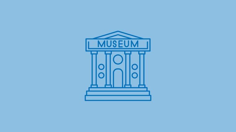 A simple, blue icon of a museum building. It shows the facade with the inscription "MUSEUM".