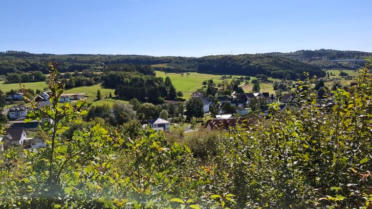Een idyllisch landschap met een klein dorp in het midden. Omgeven door groene velden en zachte heuvels onder een heldere blauwe lucht.
