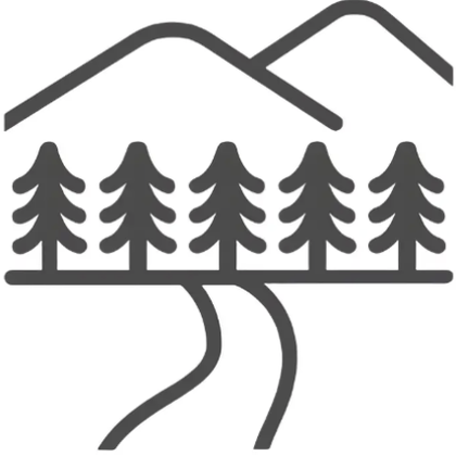 Une représentation simple des arbres et des collines. Un chemin sinueux traverse le paysage.