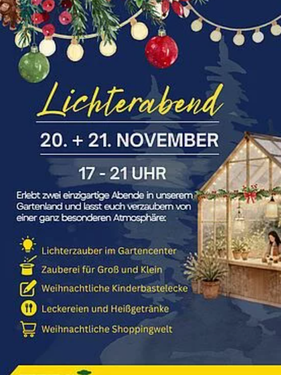 Ein Plakat für den Lichterabend im Gartenland Schmitt, das am 20. und 21. November von 17 bis 21 Uhr stattfindet. Es zeigt verschiedene Aktivitäten wie Lichterzauber, Zaubershows und weihnachtliche Angebote.