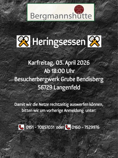 Feuille d'invitation pour un repas de hareng à la cabane des mineurs Grube Bendigo. L'événement aura lieu le 18 avril 2025 et propose des filets de hareng avec des pommes de terre à la pelure et une salade d'accompagnement.