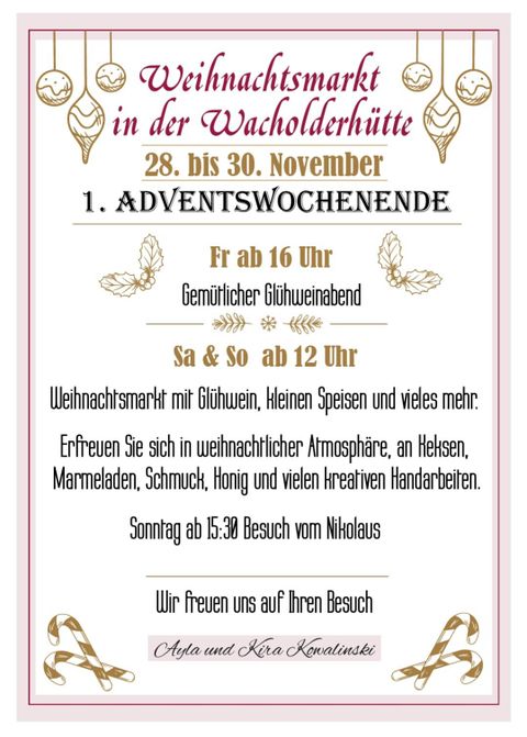 Ein Informationsplakat für den Weihnachtsmarkt in der Wacholderhütte. Es gibt Details zu den Daten, Zeiten und Aktivitäten, darunter Glühwein, Speisen und einen Nikolausbesuch.