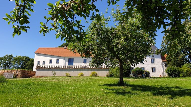 A building with a red roof stands in a green landscape. In the foreground, there is a large tree surrounded by grass and bushes.